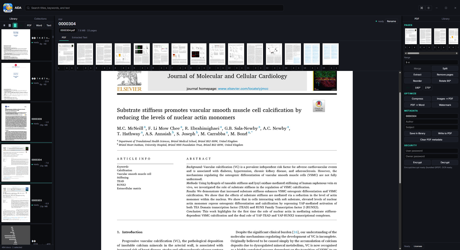 AIDA library with PDF preview, page filmstrip, and PDF tools