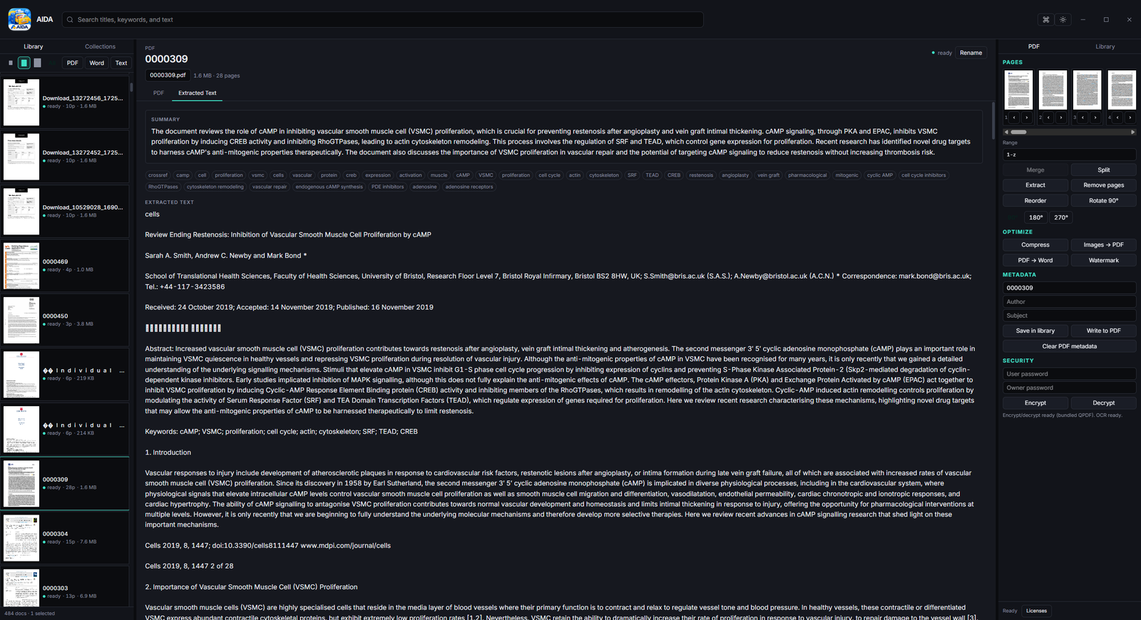 AIDA extracted text with a local summary and keyword chips